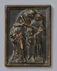 Andrea Riccio, Cast bronze relief of Judith with the Head of Holofernes by Andrea Riccio, Cast bronze with older patina, the moulded surround worked separately. This high relief depicts Judith standing and placing the severed head of Holofernes into a sack held by her maidservant. According to a catalogue by Weinmüller auction house, the present example of this plaque by Andrea Riccio originates from the collection of Richard von Kaufmann (auction catalogue Berlin 1917, lot 167). With abrasions and minor dents