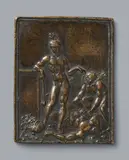 A cast bronze relief of David and Goliath, Northern Italy, 1st quarter 16th century by Northern Italy 1st quarter 16th century, Cast bronze with old patina. This plaque depicts the nude David leaning against a plinth with the severed head and body , sold May 2023