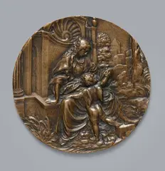 Peter Flötner, A bronze allegory of Prudence by Peter Flötner, Cast bronze with old patina. The double-headed personification of wisdom sits within a shell niche looking into a mirror held up for her by a winged putto. The plaque belongs to a cycle of the "Eight Virtues" by Peter Flötner. With very minor abrasions