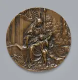 Peter Flötner, A bronze allegory of Prudence by Peter Flötner, Cast bronze with old patina. The double-headed personification of wisdom sits within a shell niche looking into a mirror held up for her by a winged putto. The plaque belongs to a cycle of the "Eight Virtues" by Peter Flötner. With very minor abrasions