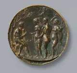 Probably South German second half 16th century, A bronze plaque with the Judgement of Paris, presumably Southern Germany, second half 16th century, Cast bronze with old patina. This finely cast round plaque depicting the Judgement of Paris is monogrammed "IO F. F(ECIT)" on the lower edge. The artist could thus far not be identified. With abrasions and minor dents