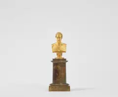 Christian Daniel Rauch, A miniature bronze bust of King Frederick William III, Fire-gilt bronze bust, cast in several parts and screw mounted. The burnished plinth filled with wood. H with plinth