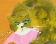 Ting Walasse, Untitled (Cat)., Untitled (Cat). Ink and colours on paper. Sealed caihua daodao (thief who steals flowers). Matted, framed and glazed. Small cracks