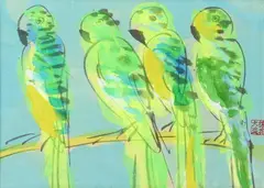 Ting Walasse, Untitled (parrots)., Untitled (parrots). Ink and colours on paper. Sealed caihua daodao (thief who steals flowers). Matted, framed and glazed