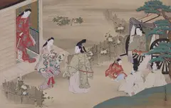 A hanging scroll depicting Prince Genji visiting a lady who offers him a fan, illustration for the 4th chapter "Yugao", of the Genji Monogatari. Ink and colours on silk. Inscrib... by Miyagawa Chōshun, A hanging scroll depicting Prince Genji visiting a lady who offers him a fan, illustration for the 4th chapter "Yugao", , sold Dec 2022