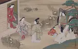 Miyagawa Chōshun, A hanging scroll depicting Prince Genji visiting a lady who offers him a fan, illustration for the 4th chapter "Yugao", of the Genji Monogatari. Ink and colours on silk. Inscrib..., A hanging scroll depicting Prince Genji visiting a lady who offers him a fan, illustration for the 4th chapter "Yugao", of the Genji Monogatari. Ink and colours on silk. Inscribed Nihon-e Miyagawa Chôshun zu, and sealed Chôshun. Wooden box