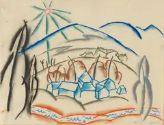 Walter Ophey, Häuser in den Bergen, 1919, Pastel chalk on glassine paper