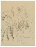 Zwei sich umschauende Mädchen und Tanzpaar im Café by Ernst Ludwig Kirchner, 1910/11, Pencil drawing on machine-made laid paper. 20.9 x 16/, offered Dec 2022