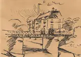 Max Pechstein, Flußlandschaft mit Brücke und Haus, Circa 1916, Reed pen drawing with black India ink on firm, smooth paper