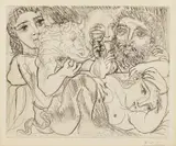 Pablo Picasso, Marie-Thérèse révant de métamorphoses: Elle-même et le sculpture buvant..., 1933, Etching on laid paper by Montval with watermark "Picasso" and Montval watermark with image of Galatea