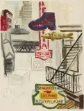 Manhattan Strassenreklame by George Grosz, Circa 1934, Watercolour and brush and India ink on laid paper with watermark "MICHALLET FRANCE", sold Dec 2022