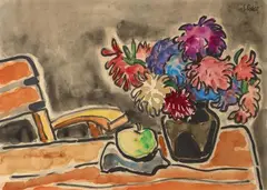 Karl Schmidt-Rottluff, Astern-Stillleben, 1955, Watercolour and brush and India ink on watercolor laid paper