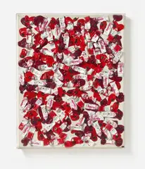 Untitled by Arman, 1990, Accumulation of empty acrylic paint tubes with screw lids on canvas on wood. In plexiglass box, sold Dec 2022