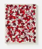 Arman, Untitled, 1990, Accumulation of empty acrylic paint tubes with screw lids on canvas on wood. In plexiglass box