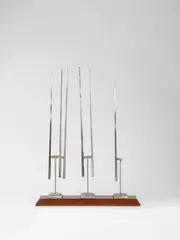 Sequence of Six Lines by George Rickey, 1990, Kinetic stainless steel sculpture: 6 moveable needles on 3 suspensions. Height of the suspension including plinth each, offered Dec 2022