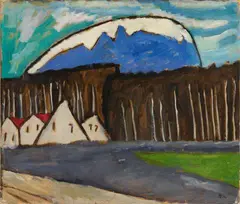 Gabriele Münter, Häuser am Wald, 1911, Oil on painting card, mounted on wooden board