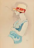 Sitzende mit Strohhut by George Grosz, 1924, Watercolour and pen and ink over pencil on paper, sold Dec 2022