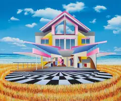 Meeting in Miami by SEO, 2016, Acrylic and paper collage on canvas, offered Dec 2022