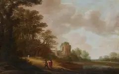 Pieter van Asch, Wooded Landscape with two Hunters and a Ruined Church, Oil on panel
