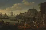 Adriaen Fransz. Boudewijns, Busy harbour scene, Oil on canvas, mounted on panel