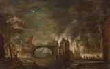 Frans de Momper attributed to, Nocturne with a Burning Village, Oil on panel