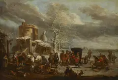Winter landscape with frozen canal, carriage, horses and playing children by Netherlandish School 18th century, Oil on canvas (relined), offered Nov 2022