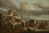 Netherlandish School 18th century, Winter landscape with frozen canal, carriage, horses and playing children, Oil on canvas (relined)