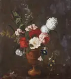 Netherlandish School around 1800, Foot vase with flowers, next to it a small glass with flowers, Oil on panel (parquetted)