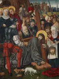 Christ Carrying the Cross by Upper Rhine-Region late 15th century, Oil on panel (parquetted), sold Nov 2022