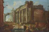 Architectural Capriccio with Figures by studio of Giovanni Paolo Pannini, Oil on canvas, sold Nov 2022