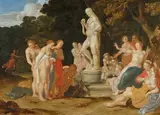 Diana and Callisto in front of the statue of Apollo in a park scenery by attributed to Jan Symonsz Pynas, Oil on panel, offered Nov 2022
