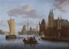 Jacobus Storck, Harbour Scene with a Church and Buildings on the Right, Oil on canvas (relined)