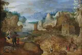 Rocky River Landscape with Peasants Harvesting Grapes by circle of Sebastiaan Vrancx, Oil on panel, sold Nov 2022