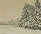 Max Clarenbach, Winter Landscape with a Chapel, Oil on canvas
