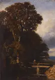 attributed to Narcisse Díaz de la Peña, Woodland Landscape with a Brook and wooden Bridge, Oil on canvas, laid down on panel