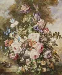 Max Fuhrmann the Elder, Bouquet with Peonies, Iris, Forget-Me-Nots and Nasturtiums in a Landscape, Oil on canvas