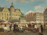 Heinrich Hermanns, Market Scene with Düsseldorf City Hall, Oil on canvas (relined)