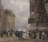 Marcel-Lenoir, Town view with crowded street, Oil on board