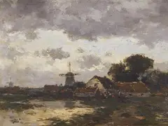 Jacob Maris, Landscape with a Village and Windmills, Oil on panel