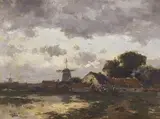 Jacob Maris, Landscape with a Village and Windmills, Oil on panel