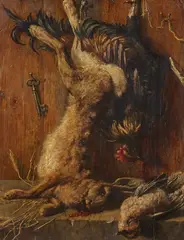 Victor Müller, Hunt Still Life with Hare, Cockerel and Songbirds, Oil on panel