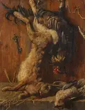Victor Müller, Hunt Still Life with Hare, Cockerel and Songbirds, Oil on panel