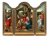 Triptych with the Adoration of the Magi by Jan van Dornicke, called Master of 1518, Oil on panel (the central panel parquetted). Central panel, offered Nov 2022