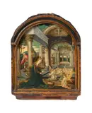 Danube School 1530 & 1540, Mary and three Angels adoring the Child, Oil on panel with integral frame