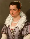 Florentine School late 16th century, A portrait of a lady, bust length, in a pink dress and a white lace chemise, with a carnation and a pearl necklace, Oil on panel (parquetted)