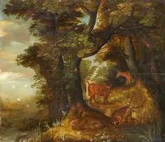 Roelant Savery, Forest Landscape with Deer and a Cow, Oil on panel