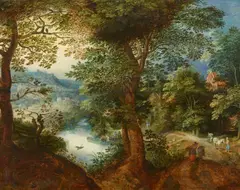 Adriaen van Stalbemt, Woodland Landscape with Peasants, Oil on panel (parquetted)
