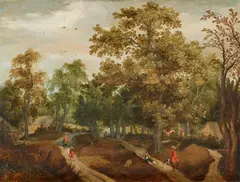 Woodland Landscape with Hunters by Willem van den Bundel, Oil on panel (parquetted), sold Nov 2022