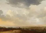 Johann Pietersz Schoeff, Panoramic Landscape with two Farmers at Rest, Oil on panel
