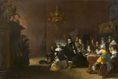 Pair of Beggars in an Upper Class Setting by Anthonie Palamedesz., Oil on panel, sold Nov 2022